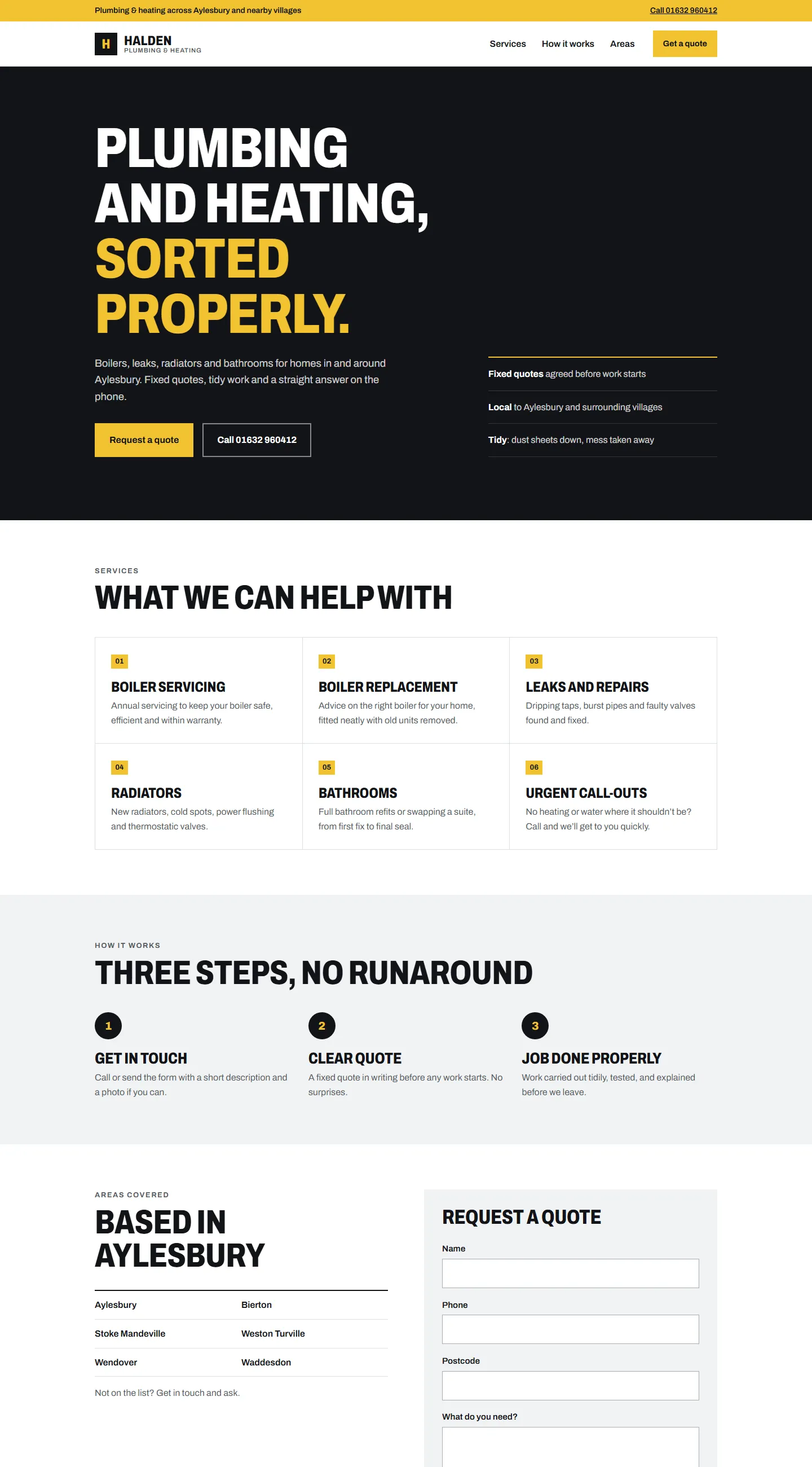 The full Halden Plumbing & Heating homepage, from top to bottom.