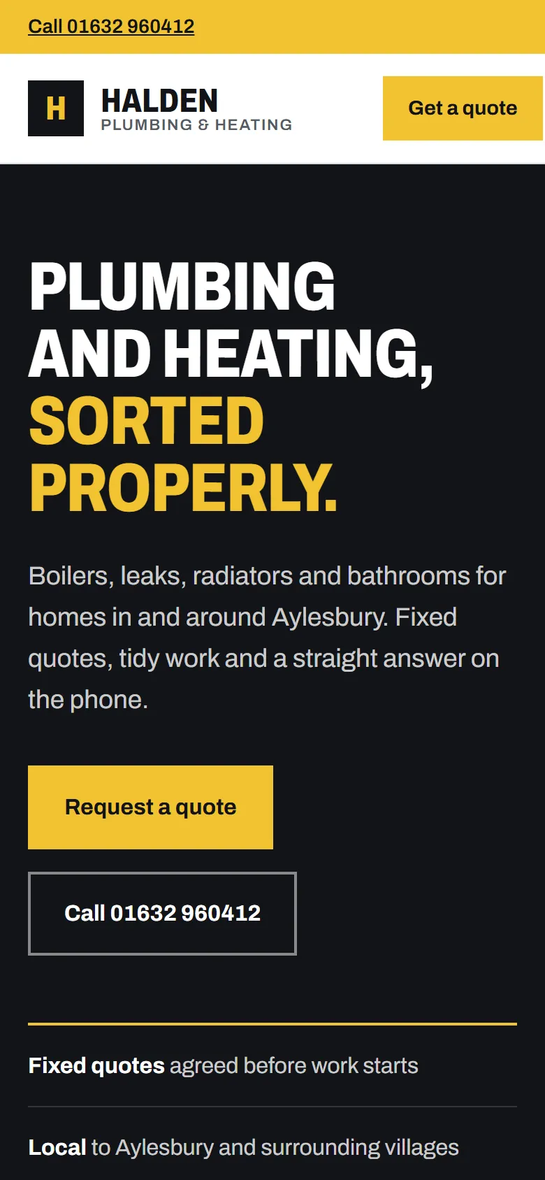 The Halden Plumbing & Heating homepage on a phone.