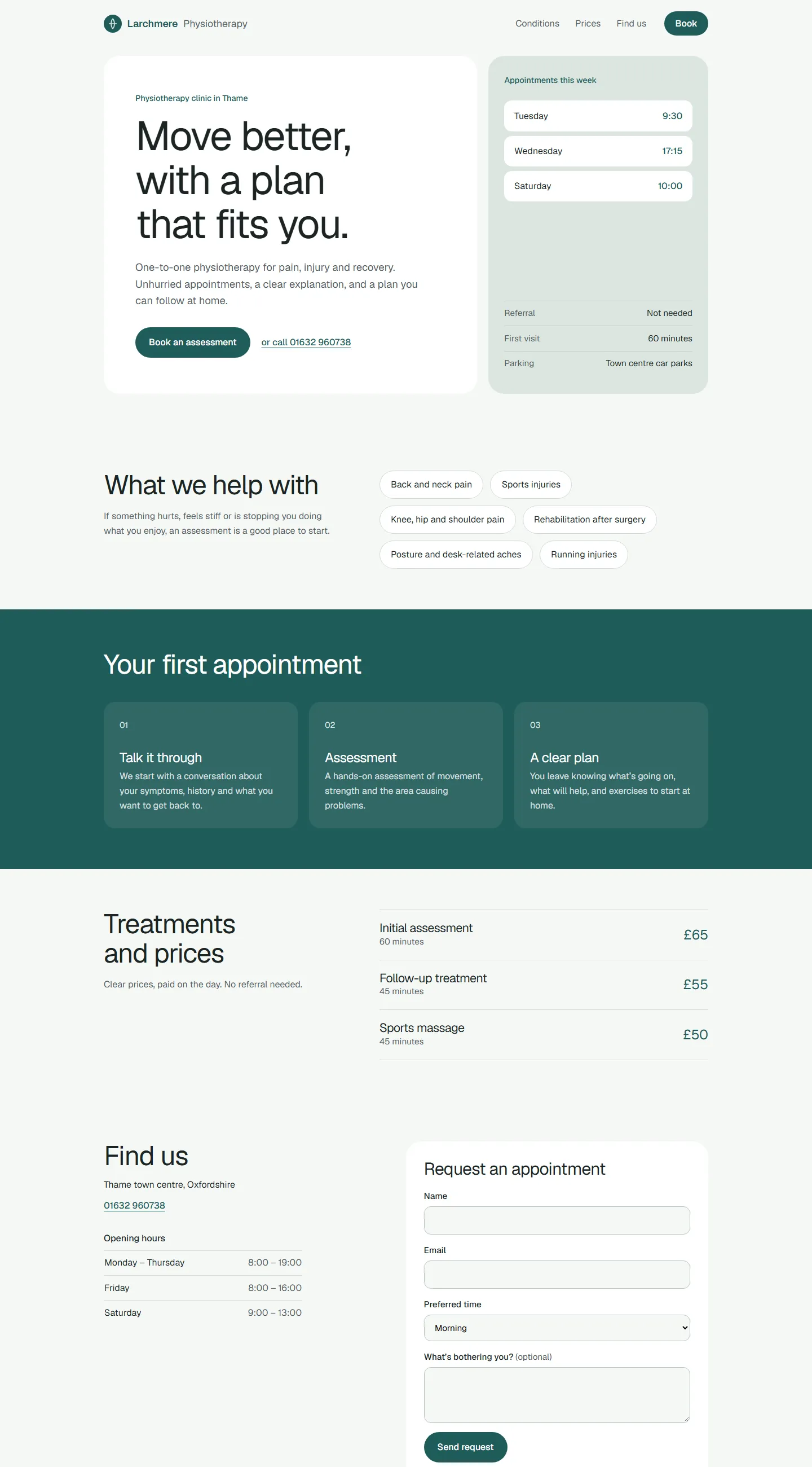 The full Larchmere Physiotherapy homepage, from top to bottom.