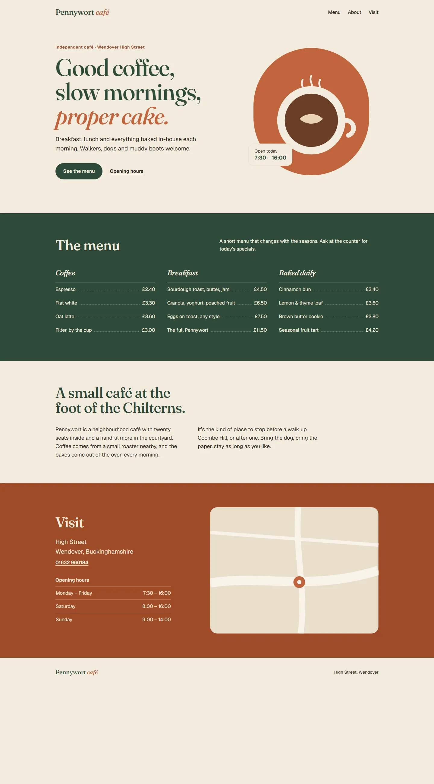 The full Pennywort Café homepage, from top to bottom.