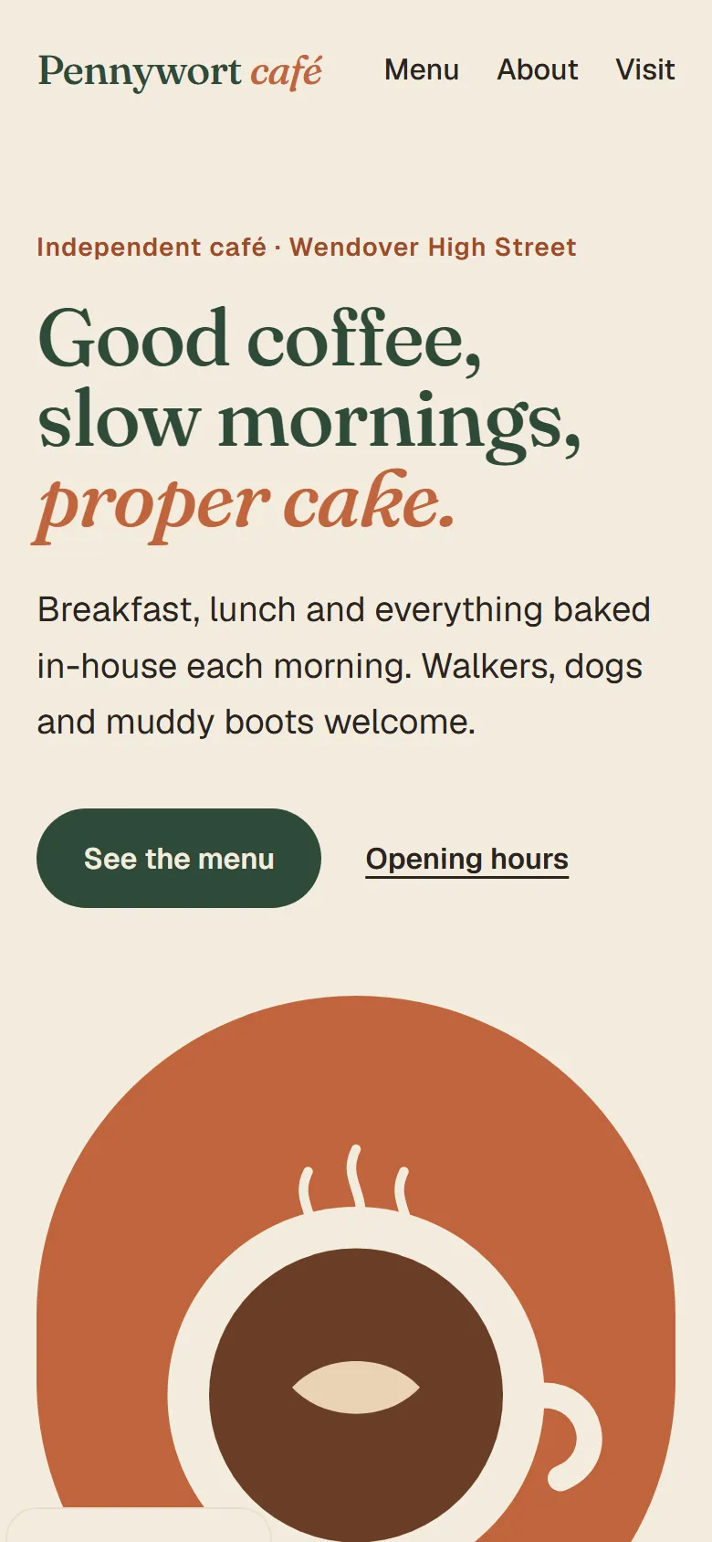 The Pennywort Café homepage on a phone.